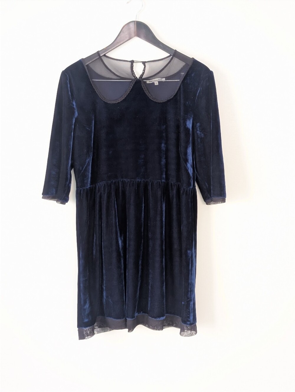 Little White Lies Navy Blue Crush Velvet Sheer Yoke Peter Pan Collar Dress M